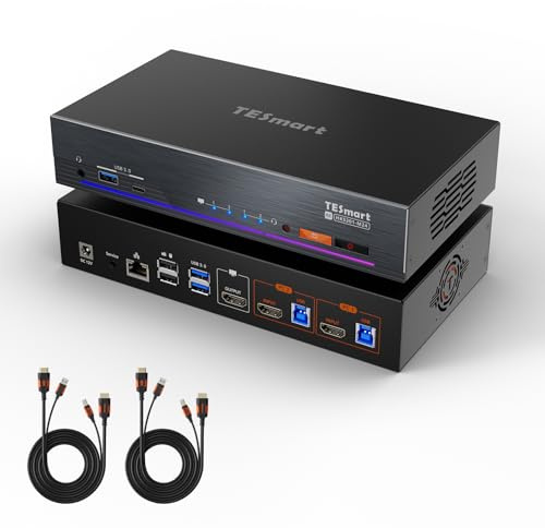 TESmart Conmutador KVM HDMI 2.1 8K@60Hz 4K@144Hz para 2 Ordenadores 1 Monitor, Switch KVM USB 3.0 de Alta Velocidad, Ethernet 1Gbps, VRR, Dolby Vision, Control por Hotkeys, Incluye 2 Cables KVM HDMI