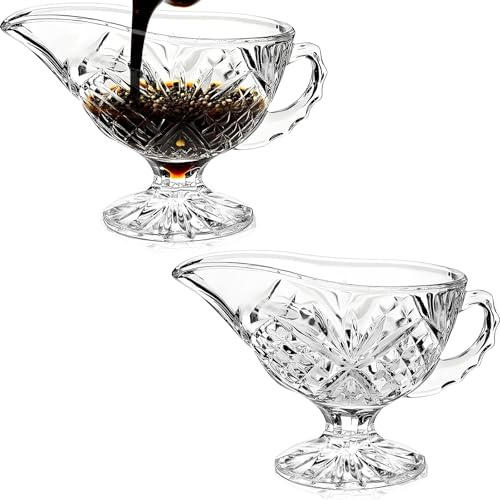Seuqhck 2 Pack 11.8 oz Glass Gravy Boat with Handle, Clear Gravy Sauce Boat Crystal Gravy Bowl for Dining, Salad Dressings, Black Pepper, Broth, Thanksgiving