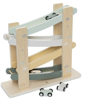 Jollein Circuit à Billes en Bois - on The Go - Circuit de Course avec 4 Voitures en Bois - Favorise la motricité et la Coordination - Jouet de Voiture - Idée Cadeau pour Enfants - Lampe de Voiture