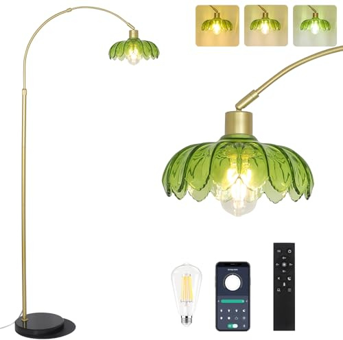 Arc Floor Lamps for Living Room, Gold Floor Lamp with Remote, Glass Standing Lamp for Bedroom, Green Flower Lamp with LED Bulb, Height Adjustable Tall Lamps for Office, Modern Stand Up Lamp Decor