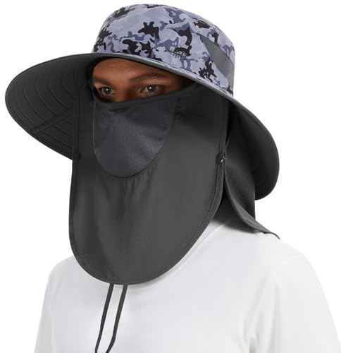 Bassdash UPF 50+ andningsbar solhatt med avtagbart ansiktsskydd och nackflik, unisex bredbrättad vattenbeständig hatt för fiske, vandring utomhus, herr och dam, Storm kamouflage/mörkgrå, One size