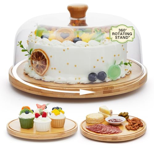 Timboops Home Rotating Cake Stand with Lid, 12'' Wood Food Plate with Cover, Serving Tray, Fruit Platter, Salad Bowl, Dessert Table Display & Acrylic Cake Dome Cover for Party