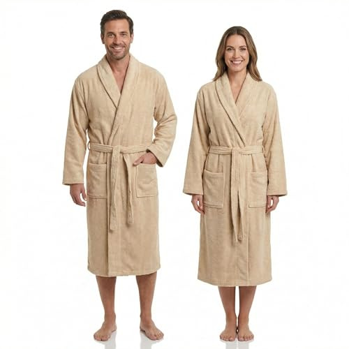 BOSKIMO Albornoz Mujer y Hombre Rizo 100% Algodón, Bata de Baño con Cuello| Espesor 420 g/m² Muy Absorbente, Piscina, Spa | Oeko-Tex Tallas de Pequeño a Extra Grande - Arena
