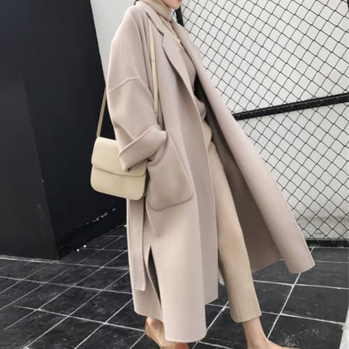 Long au-dessus du genou pour femme Manteau en cachemire double face en laine avec ceinture et col à revers pour un usage quotidien et bureau (L Beige)