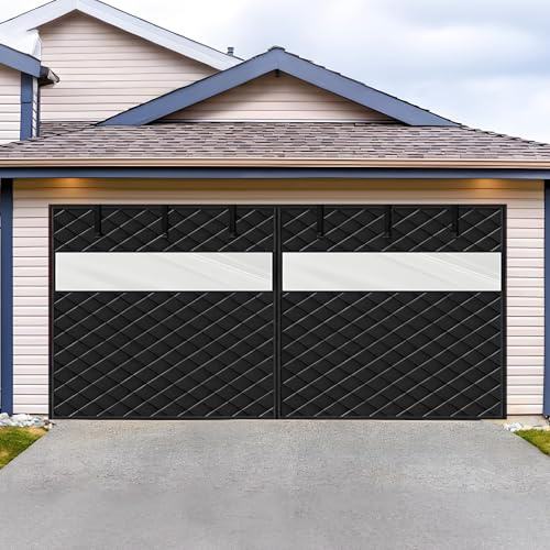 Värmeisolerad Garageportsgardin Med Klart Fönster, Magnetisk Garageportsskärm, Värmeisoleringskit för Vintern, Förtjockad Bomullsdörröverdragsfilt för 1 2 Bilar(Blacks,W259xH274CM)