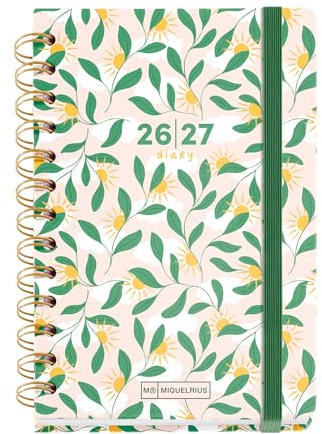 Miquelrius - Skolkalender 2026 2027 dag per sida A6+, solar | 12 månader, 12,5 x 17,8 cm, fodrad kartong, dubbel spiral, gummiförslutning, klistermärken och linjal bokmärken, spansk-EN