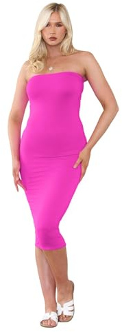 Hamishkane Damer bröst tub enkel bandeau axelbandslös stretch penna lång bodycon midi-klänning, Neon rosa, 32/34