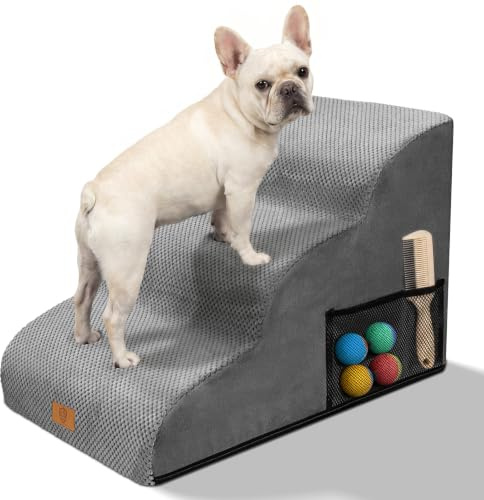 MASTERTOP Escaliers pour Chiens à 3 Marches en Mousse Haute Densité, Échelle Large pour Animaux de Compagnie, Escaliers Chien Antidérapant avec Housse Amovible pour Monter Canapé et Lit (Gris)