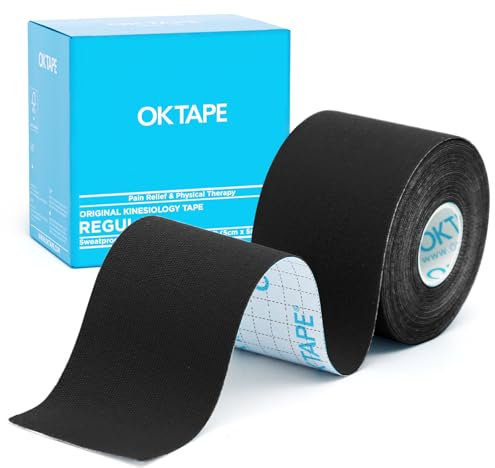 OK TAPE Ruban de Kinésiologie, ruban athlétique élastique en coton original de base pour le soutien et la récupération, sportif thérapeutique pour soulager la douleur, 5cm x 5m non-coupé,Noir