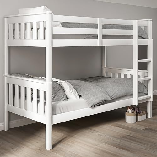 Blisswood Double Bed Bunk Bed, 3ft Wooden Bunk Beds With Ladder Twin Sleeper Kids Bunk Bed, Solid Pine Wood Frame Single Double Bed frame For Kids Children Home, White, L198 cm x W98 cm x H145