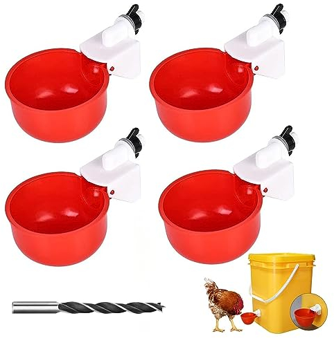 KARELLS 4 Stück Hühnertränke, Automatische Geflügeltränke Set, DIY Hühnerwasserbecher, PVC, Rot, Handbetrieben, Hühner, Papagei, Wachtel, Küken