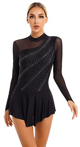 Alvivi Maillot de Danza para Mujer Patinaje de Manga Larga Maillot Gimnasia Rítmica con Falda y Pedrería Brillante Vestido de Baile Disfraz Bailarina S-XXL A Negro S
