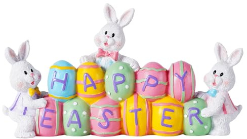yumhum 3 Bunny Holding Eggs and Happy Easter Decorations, Resin Easter Bunny Rabbits Figurine Tabletop Centerpiece for Spring Decor Easter Home Office Party Decor
