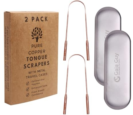Gaia Guy Raschietto per lingua in rame con custodia in metallo, confezione da 2, senza plastica, per adulti, pulisci lingua per igiene orale e igiene