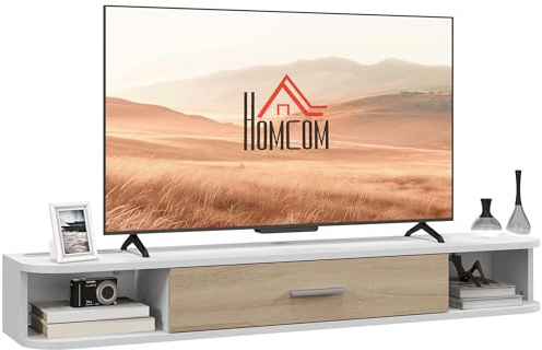 HOMCOM Meuble TV Suspendu 120 cm, Meuble télé pour téléviseur jusqu'à 50 Pouces avec Porte Rabattable, 2 Étagères Ouvertes et Passe-câbles, Banc TV Flottant pour Salon et Chambre, Blanc et Chêne
