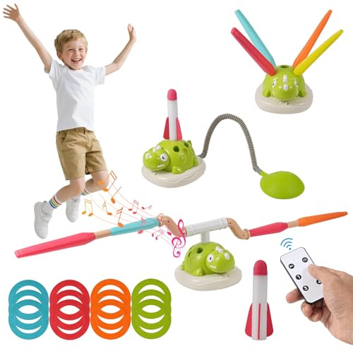 3 in 1 Musical Jump Game - Ring Toss Game, Rocket Launcher Toy for Kids Outdoor, Fun Skipping Rope Toy with Remote Control, Sports Toys Toddler Outdoor Garden Games for Boys Girls, Gifts for Ages 3-8