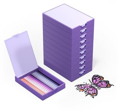 CATEARED 2-i-1 diamantkonstbrickor med lock, antistatiska diamantkonstförvaringsbehållare, diamantkonsttillbehör, diamantmålningsbrickor med lock och linje, lådpaket (violett, 10-delars bricksats)