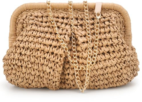 ViEinkaufen Straw Clutch Bag for Women, Woven Dumpling Clutch Purse Crossbody Shoulder Handbag for Beach Holiday Party Shopping, 22 x 16 x 2CM