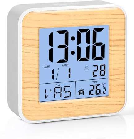 FAOKZE Reveil écran LCD,Réveil Numérique à Piles,avec Température et Calendrier,8 Langues,12/24H,avec Fonction Snooze,Rétroéclairage pour Voyage, Chambre, Bureau (Texture Couleur Bambou)