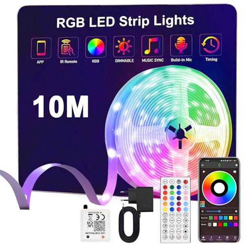 Anmossi Striscia LED 10 Metri,Strisce Led RGB con Bluetooth APP e Telecomando,Musica Sincronizza,Modalità Temporizzazione,la Adatto per Interni,Camera,Soggiorno,Feste e per la Decorazioni per la Casa