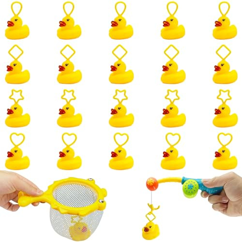 PICKONA 22 Pieces Duck Fishing Toy Set, 20 pcs Duck With Hook & 1 Fishing Rod & 1 Fishing Net, Hook A Duck Game For Outdoors, Bath Ducks, Floating Sensor Bath Toys, Summer Duck Figures For Kids