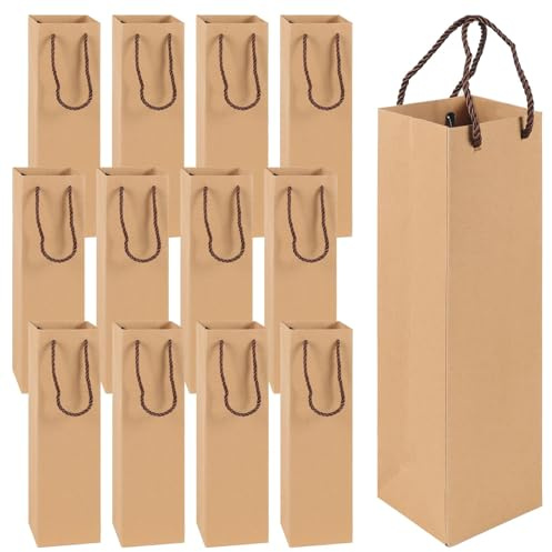 CxutSa 12 Piezas Bolsas de Regalo para Botellas de Vino, Bolsas de Regalo con Asa, Bolsas de Vino, Papel de Estraza y Champán, para Navidad, Bodas, Cumpleaños (35 x 9,5 x 9,5 cm)