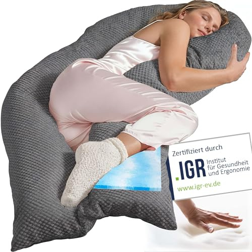 Traumreiter Seitenschläferkissen Visco M Wendekissen Memory Foam [orthopädisch] + Watte Seite | Schwangerschaftskissen zum Schlafen, Stillkissen XXL Kissen, Komfortkissen mit Bezug Grau Deluxe