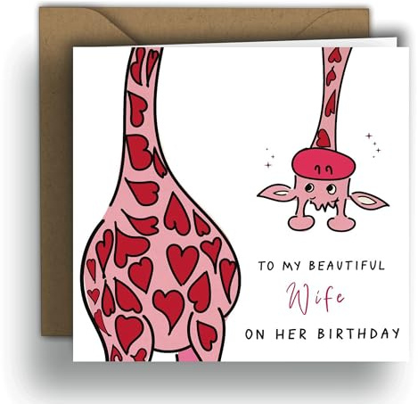 To My Beautiful Wife on her Birthday – Cute Giraffe | Square Folded Card (15x15 cm) – Kraft Envelope Included – Blank Inside