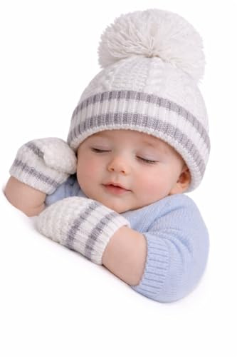 SOHOBABY Baby Boys & Girls Pom Pom Hat with Matching Mittens – 0–12 Months (UK, Age, 0 Months, 12 Months, White)