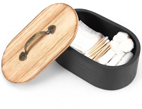 AULSAM Contenedor de bastoncillos de algodón y dispensador de almohadilla de algodón, caja de almacenamiento de madera, artículos de higiene con tapa, accesorios de baño, caja de decoración