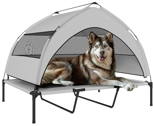 PawHut Hundeliege Outdoor mit Dach, Erhöhtes Hundebett für extra große Hunde, Kühlendes Haustierliege mit Stahlrahmen, Aufbewahrungstasche, Haustierbett für Draußen Camping, 122x92x94cm, Hellgrau