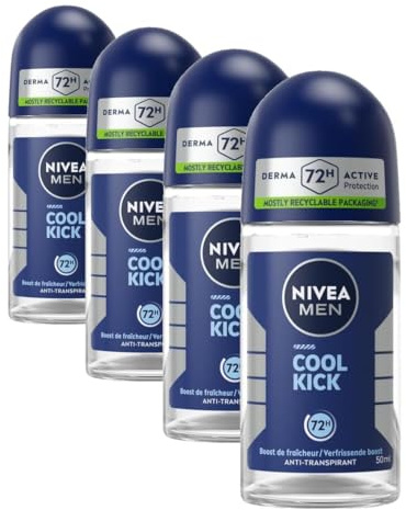 NIVEA MEN - Déodorant Bille Cool Kick - Déodorant Homme 72H Anti-Transpirant Aisselles - Protection Fraîcheur Extrême - Formule Cool Care - Tous Types De Peaux - 50 ml (Lot de 4)