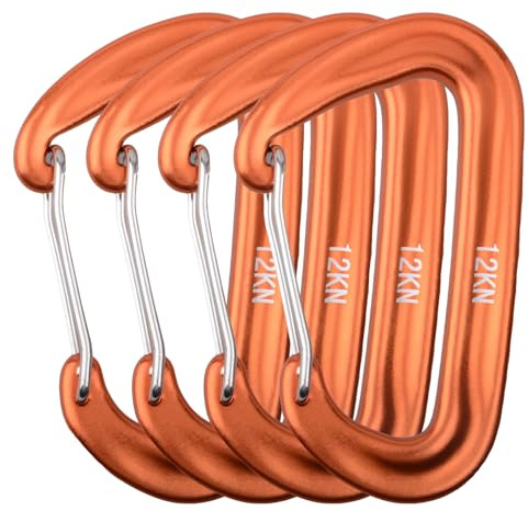 Azarxis Carabiner Clips, 12 kN Aluminium D Ring Heavy Duty Lightweight Caribeaners Key Chains for Hammock Outdoor Camping Hiking Gym Dog Leash Backpack Harness (12kN - Wiregate - Orange - 4 PCS)