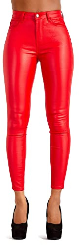 Glook Pantaloni Donna in Similpelle a Vita Alta, Skinny Fit con Tasche Posteriori Funzionali Perfetti per Stile Elegante e Biker (S, Rossa)
