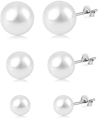 Crazy-M 3 Paires de Boucles d'oreilles en Argent 925 pour Femmes - Perles d'eau Douce Blanches 6mm / 8mm / 10mm - Bijoux pour Oreilles