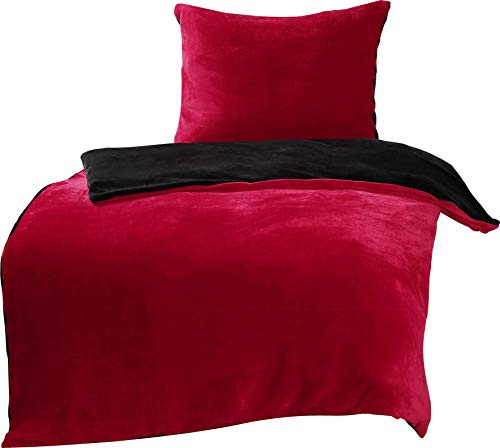 Moon Bettwäsche Cashmere Touch, 135x200/80x80 cm, Winter Wendebettwäsche Plüsch (rot/schwarz)