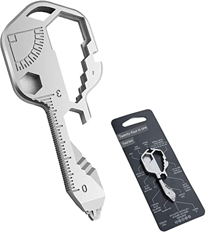 EMHTHME 24-in-1-Multifunktionsschlüssel-Schlüsselwerkzeug, tragbares Outdoor-Werkzeug mit Edelstahlanhänger, Outdoor, Camping, Radfahren, Bergsteigen Schraubenschlüsselwerkzeug (silber)