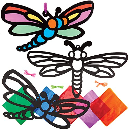 Baker Ross FX779 Dragonfly Stained Glass Decoration Kits - Pack of 6, Stained Glass Decoration Craft Kits