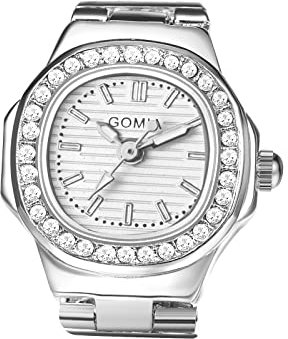 JewelryWe Ringuhr Fingeruhr Damen Uhren - Silber Quadrat Quarz Analoge Verstellbar Metall Ring Uhr Frauen Glitzer Strass Fingerringuhr Uhrenring mit Weiß Rechteckigem Zifferblatt
