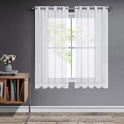 Joydeco Gardinen mit Ösen Transparente 2er Set, Optik Gardine Voile Ösenvorhang Ösenschal Durchsichtig Vorhang Kurz für Schlafzimmer Wohnzimmer Schlaufenschal (Weiß, 2xH145xB140)