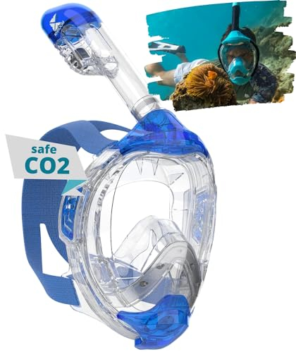Khroom Schnorchelmaske Erwachsene & Kinder ab 3 Jahre | CO2 sicher | Vollgesichtsmaske mit Easy-Breath System | Schnorchelset Alternative | Seaview Y Tauchmaske Erwachsene / Kinder (L/XL Hellblau)