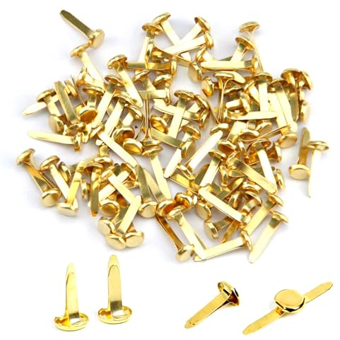 JDXun 100 Stück Mini Brads, (8 * 16mm) Musterklammern Metall Rundkopfklammern Verschlussklammern Musterbeutelklammern Scrapbooking Brads, für Basteln, Verzierungen und DIY (Gold)