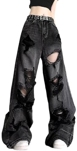 Lafaguw Baggy Jeans for Women Men Ripped Straight Leg Pants High Waisted Distressed Jeans Y2K Grunge Summer Clothes., Black3, Medium