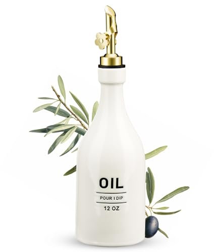 NiHome 350ml Keramik Ölflasche，Essig und Ölspender mit automatischem Ausgießer, spülmaschinenfest, UV-geschützter Olivenöl Flasche für die Küche zur optimalen Aromabewahrung, tropffreies Ausgießen