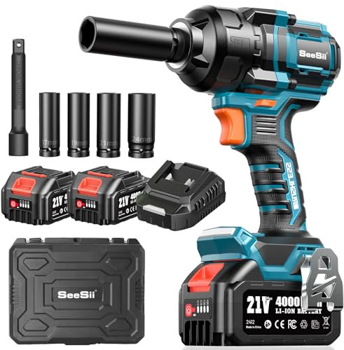 Seesii Llave de impacto 900 FT-LBS (1200N.m), pistola de impacto a batería 21V con 2 baterías 4Ah, 2900IPM, alto torque. Incluye 5 sockets para tuercas de ruedas de autos/camiones
