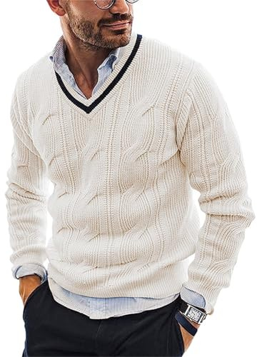 VaiKanhai Maglione da Uomo con Scollo a V in Maglia Fine con Motivo a Treccia Imbottito Maglione Vintage Maglione Caldo Invernale da Uomo Maglione da Uomo alla Moda Maglione da Sotto Invernale per