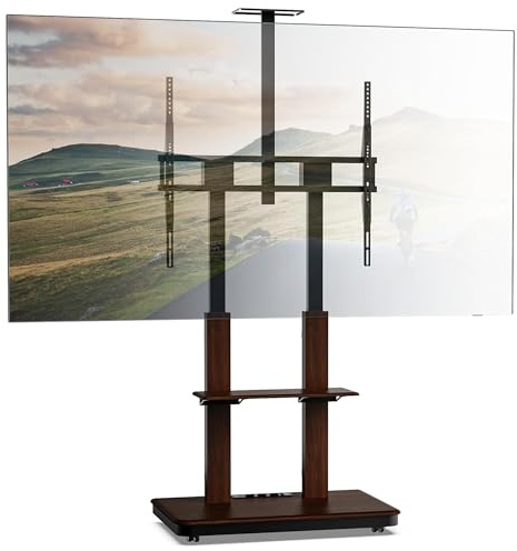 XTRARM Duolite mobile, supporto TV regolabile in altezza per 45-110 pollici e max. 120 kg, max. VESA 900x800, con ripiani e ciabatta, noce, manuale