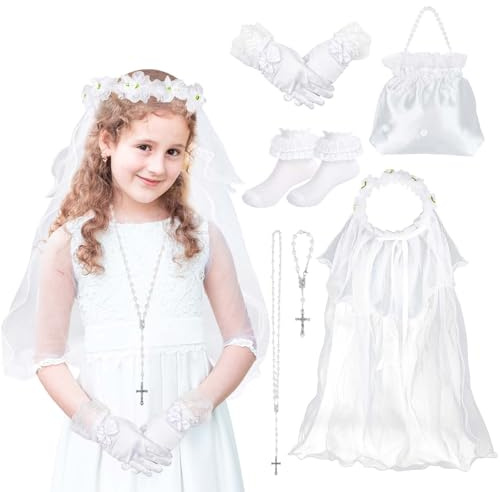 Diadema de Primera Comunión Niña, Corona Flores Velo Collar Pulseras Rosarios de Comunion Guante Blanco Calcetines Satén Bolso Regalos Comunión para Niñas