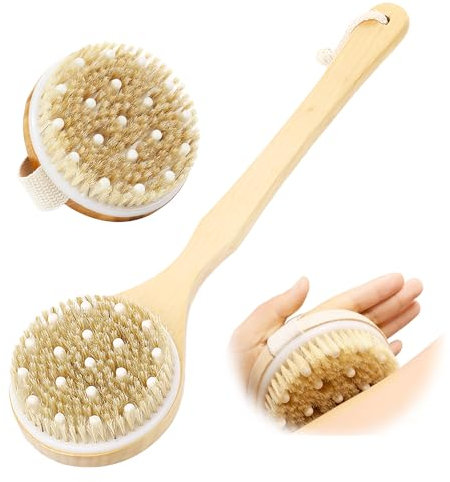 Rückenbürste Dusche Set mit Langem Stiel & Rundkopf | Nass- und Trockenkörperbürste für Lymphdrainage | Duschbürste & Rückenschrubber mit 41.5 cm Holzgriff | Massagebürste für Ganzkörperpflege