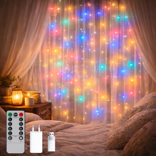 M Ledme - LED utomhus ljusgardin med USB, 3 x 2 m längd, RGB-ljus: färgskiftande ljus, IP65 vattentät, perfekt för terrasser och trädgårdar LM2965